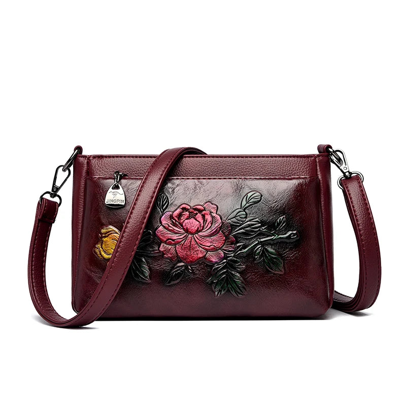 Genuine Brand Top Quality Pu Leather Vintage 3D Floral Embossed Elegant Handbag