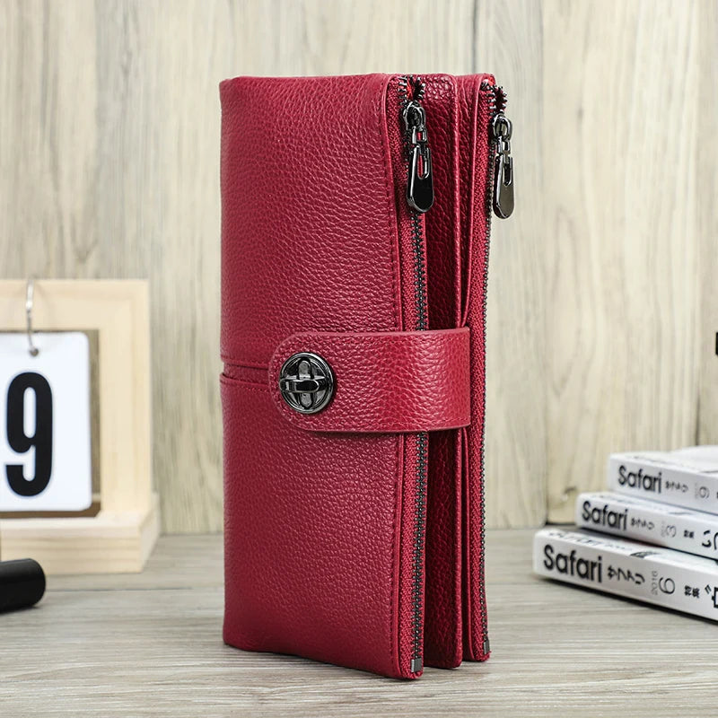 Genuine Leather Long Wallets Full Grain Leather Purse Card Holder Money Clip
