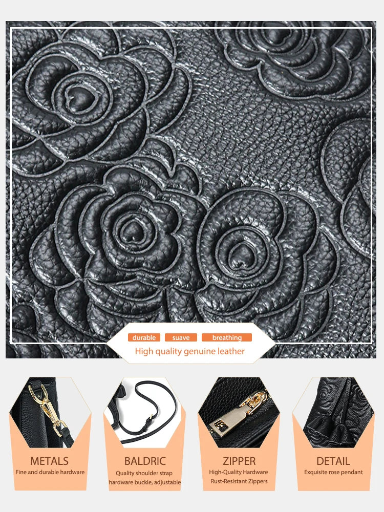 Genuine Leather Handbag Large Capacity Tote Crossbody Bag Rose Pattern Sac