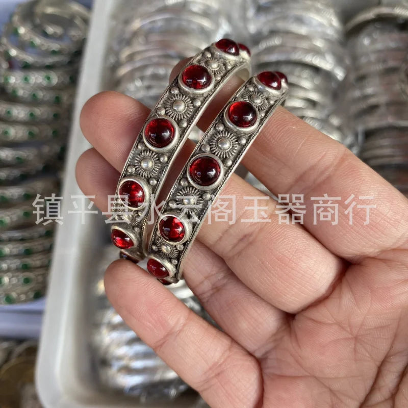 Vintage Engraving Open Women's White Copper Silver-Plated Stylish Bracelet