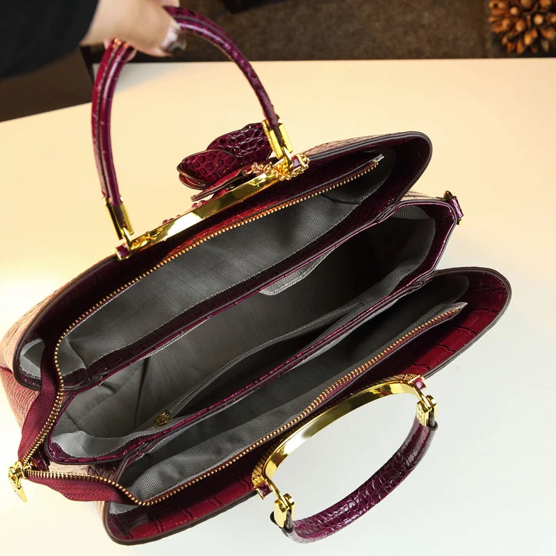 Genuine Leather Handbags Crocodile Pattern Flower Tassel Shoulder Messenger Bag