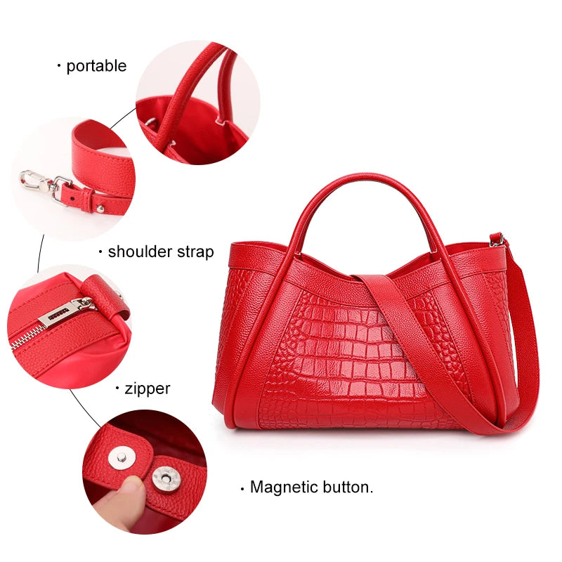 Beautiful solid color cowhide crocodile pattern handbag