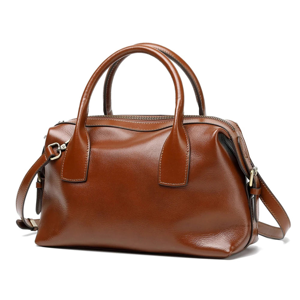 Vintage Green Genuine Leather Top-handle Bag For Women Boston Bag Shoulder Handbag