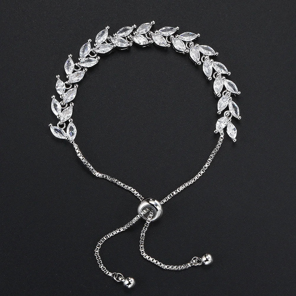 Cubic Zirconia Leaves Bracelet Bangle Adjustable Luxury