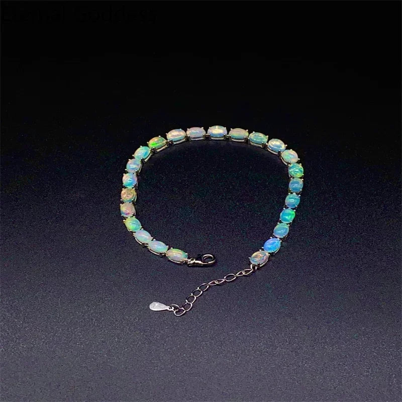 925 Sterling Silver Natural Opal Simple Bracelet Colorful Stone Bracelet Fine Jewelry