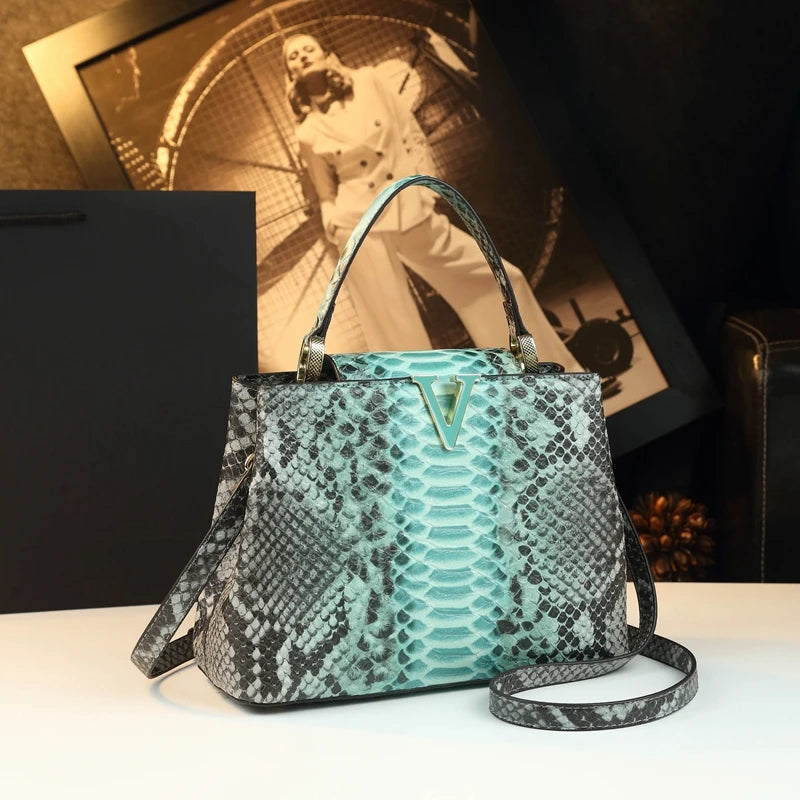 Fashionable Bucket Bag Leather Snake Pattern Shoulder Bag