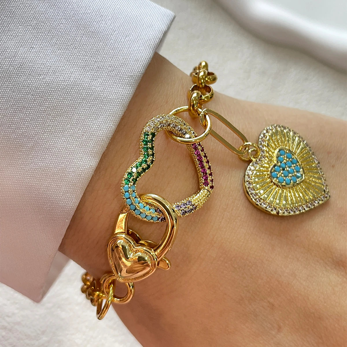 1 PC gold colorful diamond oval buckle bracelet with gold heart shaped pendant bracelet
