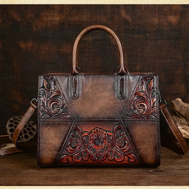 Embossed Splicing Retro Bag Portable Messenger Package Fashion Flowers Pack