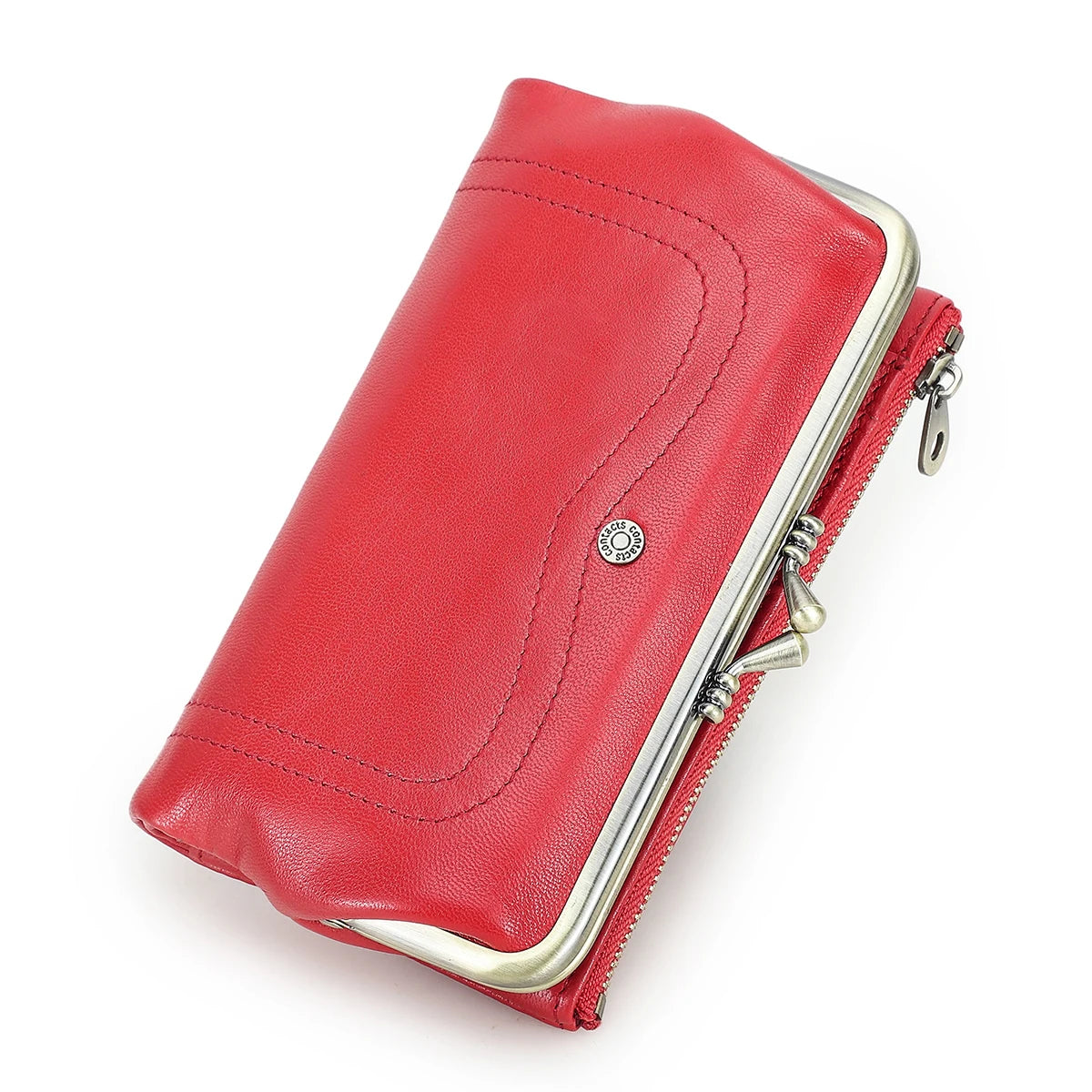 Genuine Leather Kiss Lock Long Wallets for Women Metal Frame Female Purse Card Holder