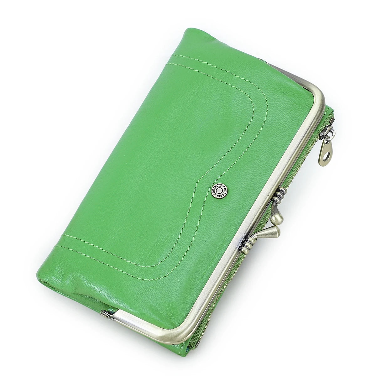 Genuine Leather Kiss Lock Long Wallets for Women Metal Frame Female Purse Card Holder