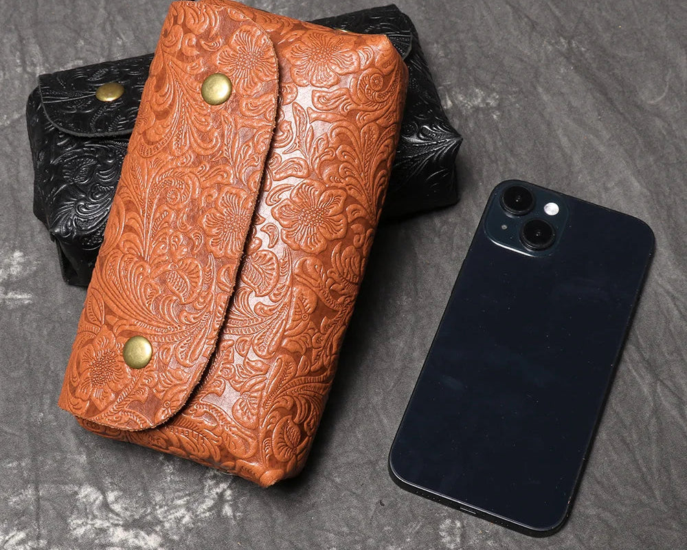 Stylish Genuine Leather Bag 3D Carved Craft Shoulder Bag Cowhide Phone Bag
