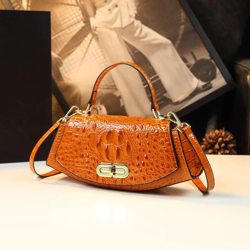 Crocodile Pattern Women's Handbags Genuine Leather Small Shoulder Saddle Bag