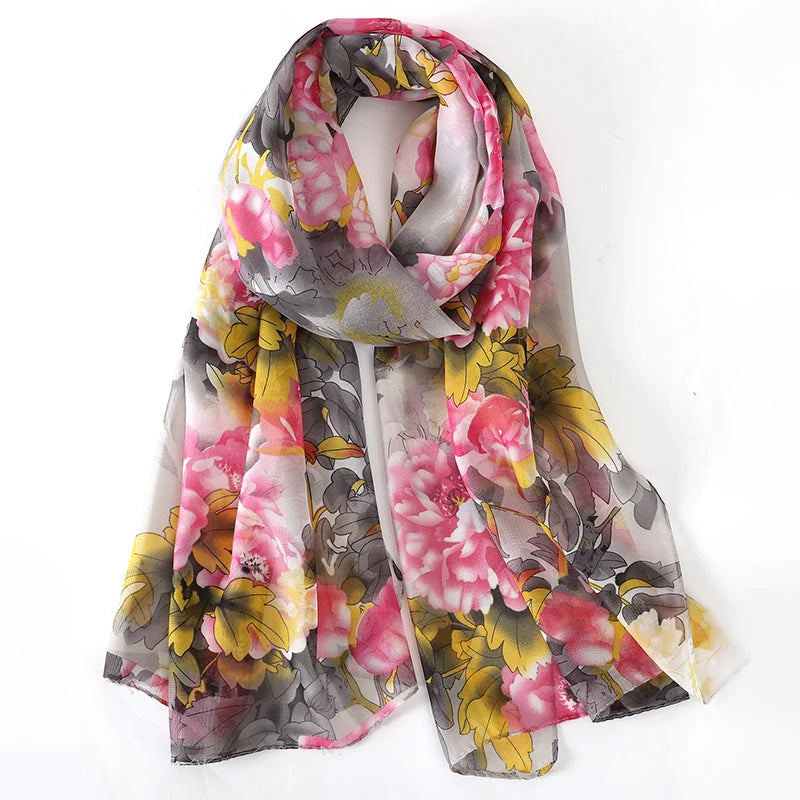 Thin Soft Chiffon Scarves Women Floral Print Silky Scarf