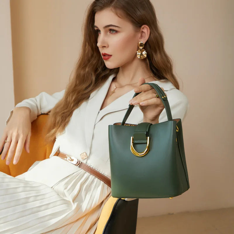 Luxury Genuine Leather Handbag Casual Crossbody Bucket Bag