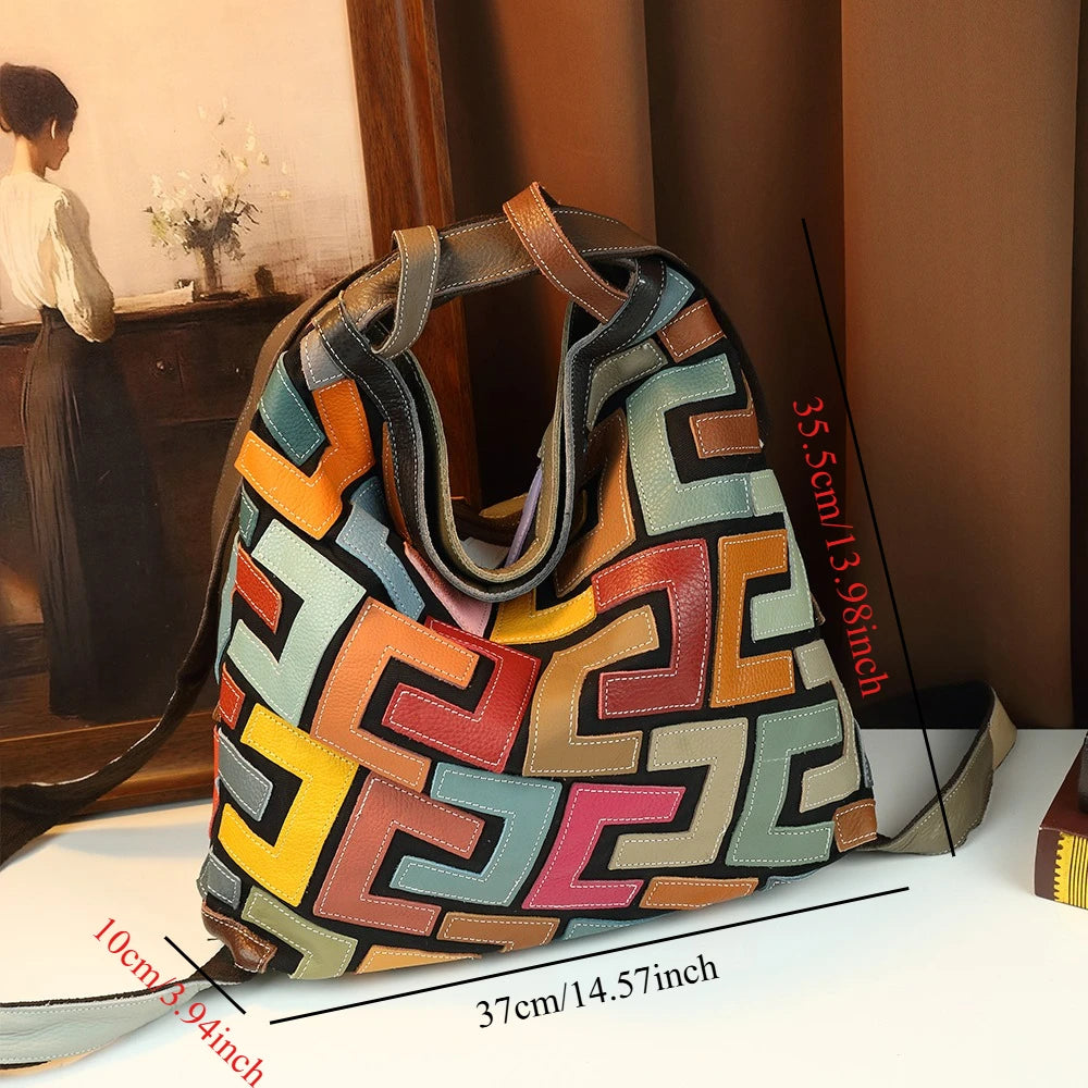 Retro Handmade Splicing Cowhide Leather Tote Bag Ethnic Style