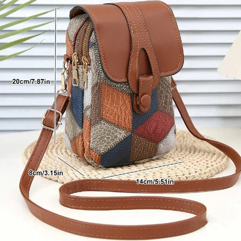 Retro Contrasting Color Multi-layer Small Crossbody Bag Diamond Splicing Phone Bag