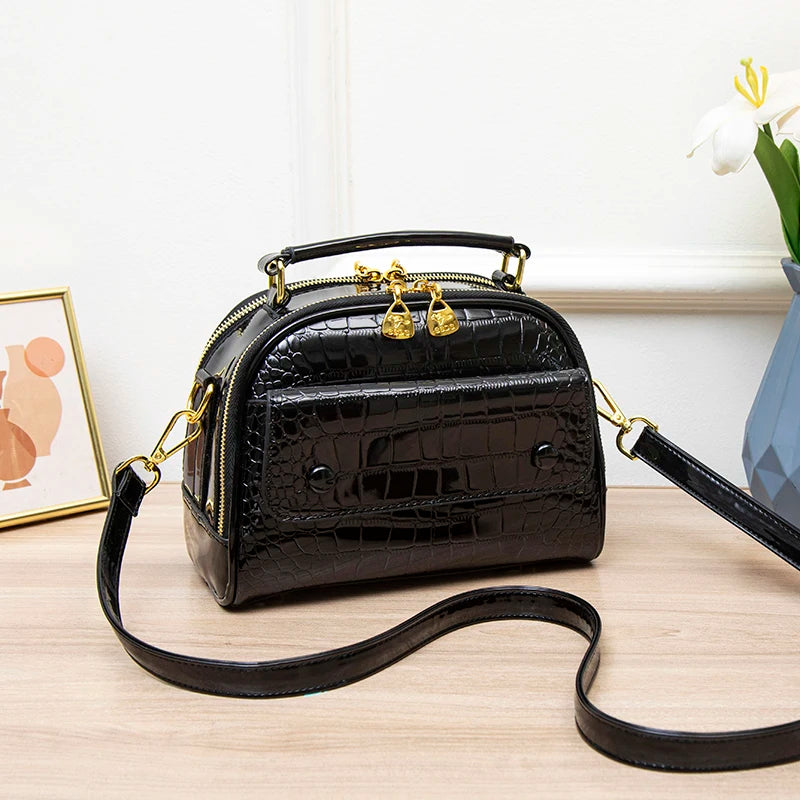 Two Layers Tote Bags Alligator Patent Leather Handbag