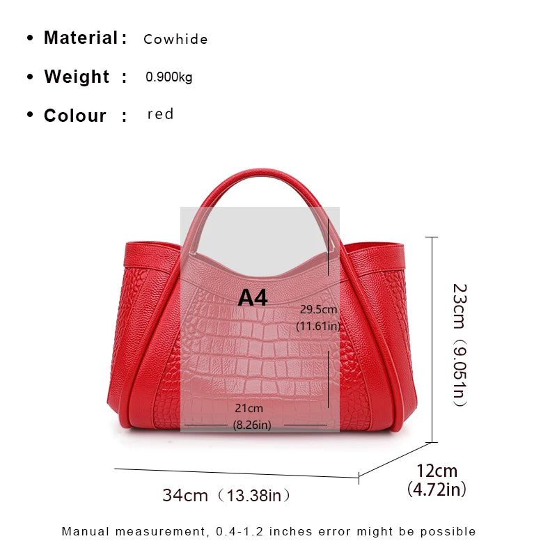 Beautiful solid color cowhide crocodile pattern handbag
