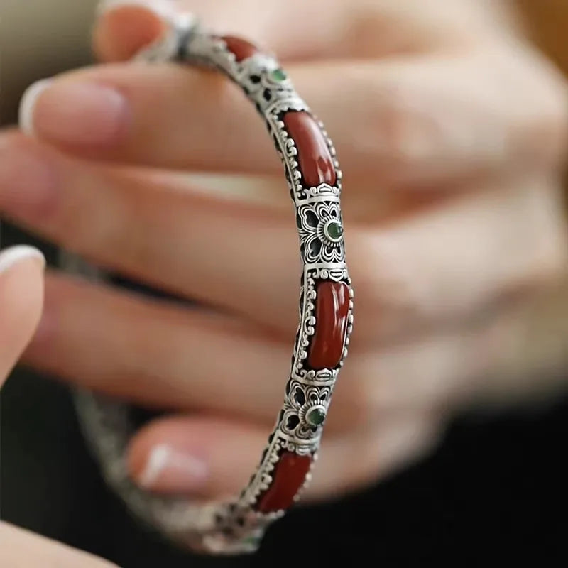 Retro style silver 925 inlaid red tourmaline bracelet