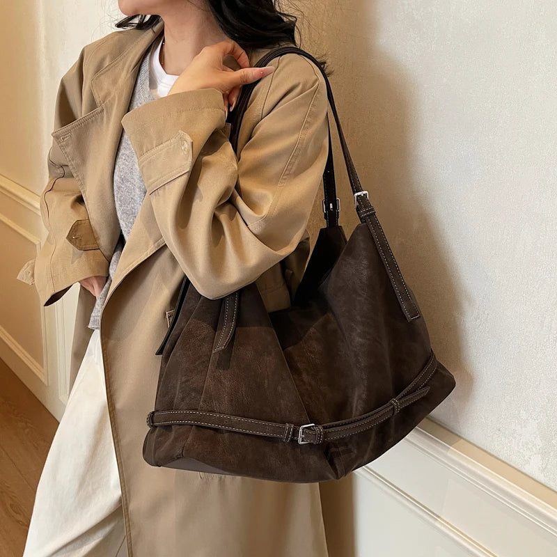 Retro Suede Tote Bag Large Capacity Shoulder Bag Trendy Metal Buckle Strap
