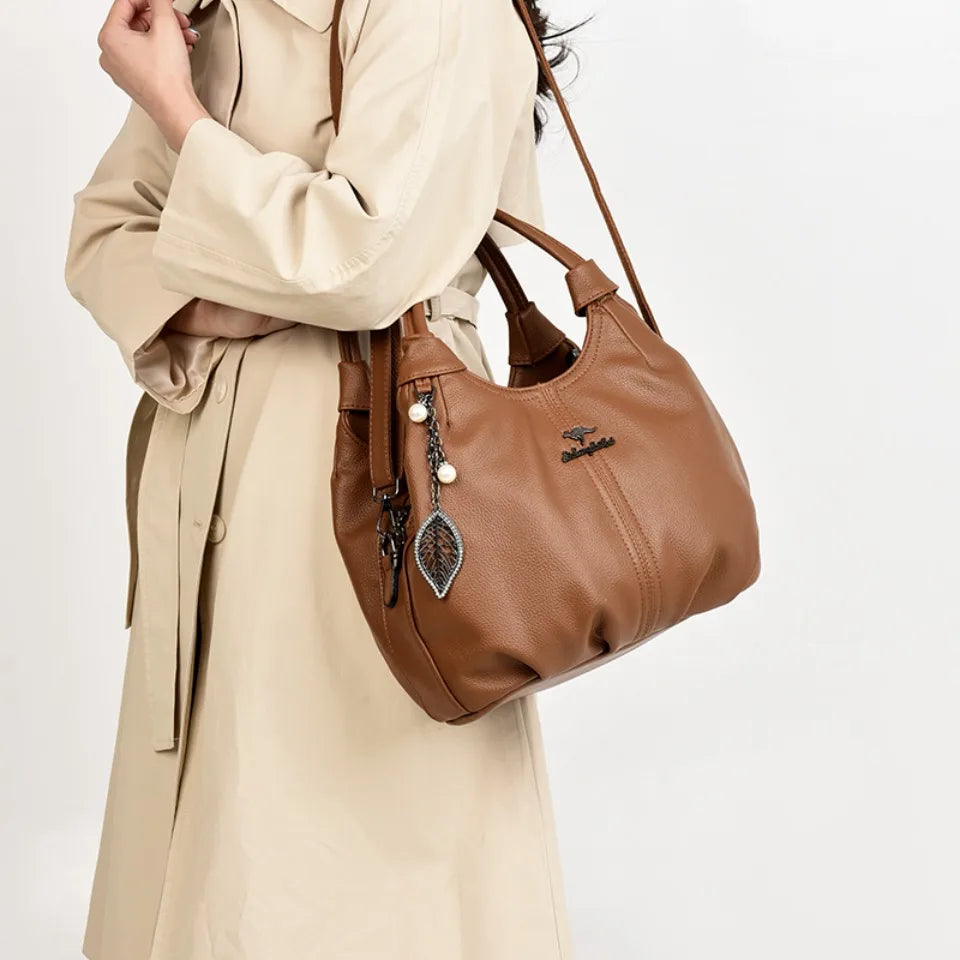 Soft Leather Hobo Handbag 3 Layer Shoulder Crossbody Bag with Pearl Leaf Pendant