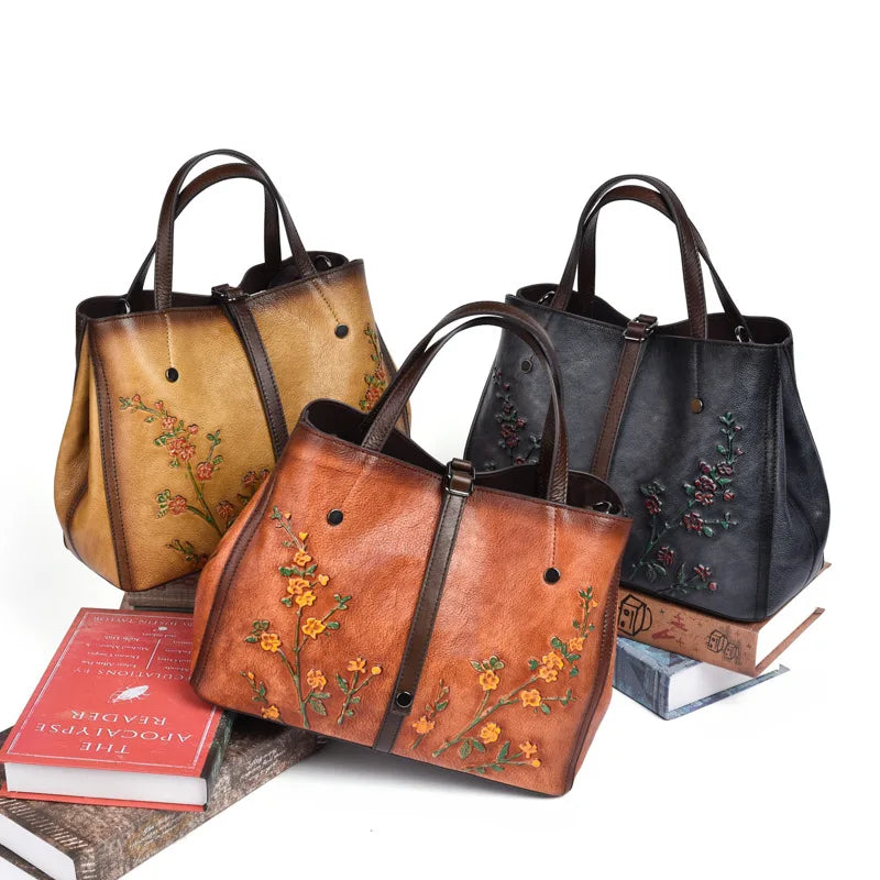 Genuine Leather Retro Embossed Women Crossbody Handbag