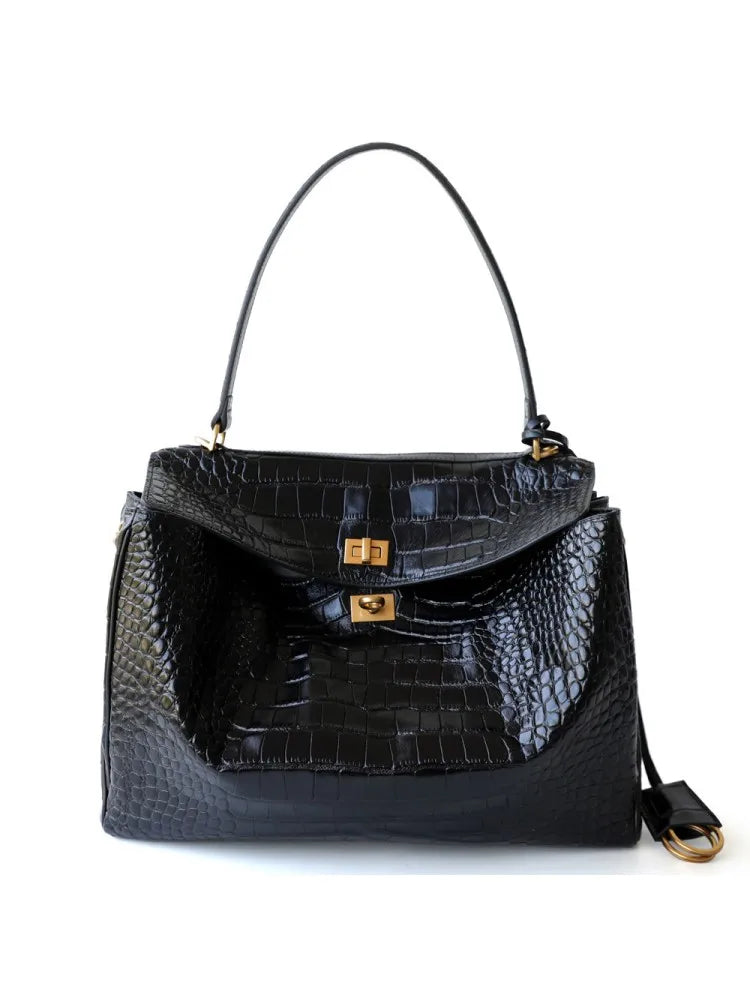 Fashion Crocodile Pattern Cow Split Leather Work Satchel Bag