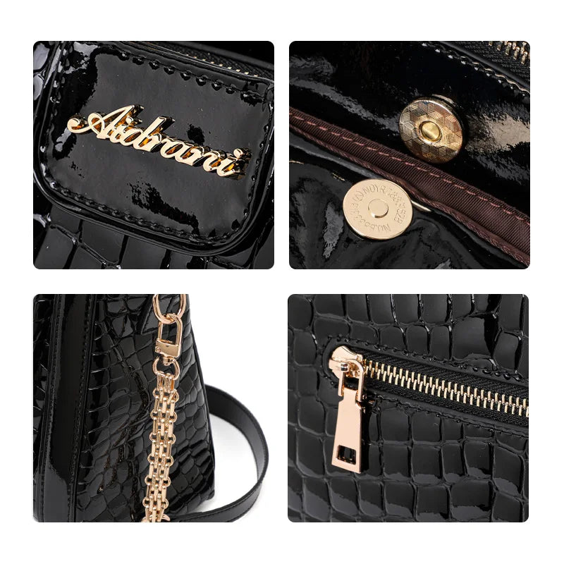 Black Crocodile Pattern Embossed Patent Leather Top Handle Bag