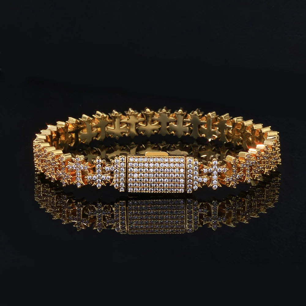 Luxury 8MM Cross Bracelet Iced CZ Diamond Brass Hand Set Zircon Fashionable Jewelry
