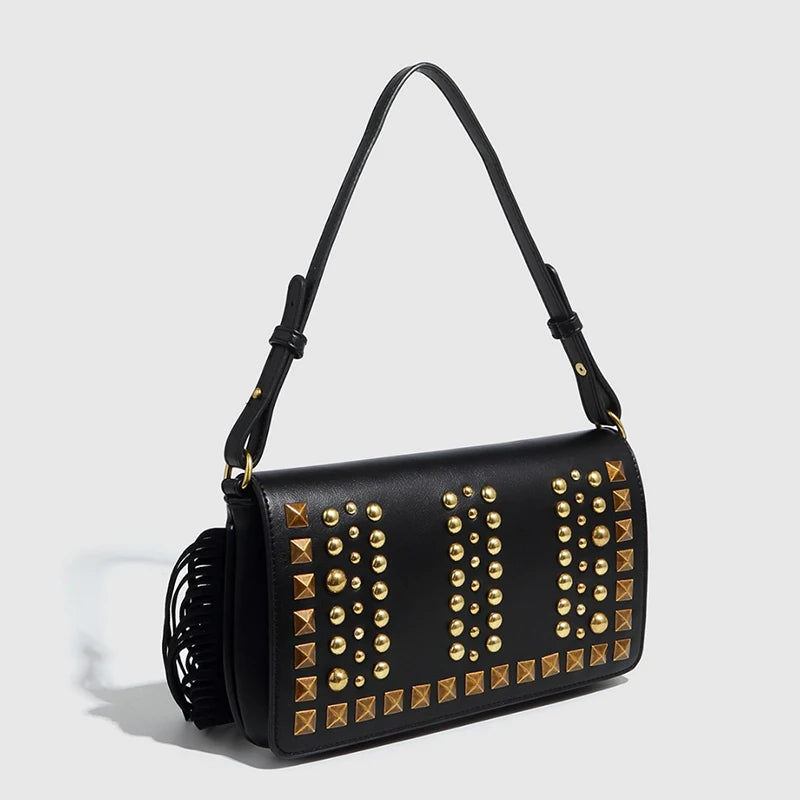 Fashion Women's Bag Studded Vintage with Tassel Shoulder Bag