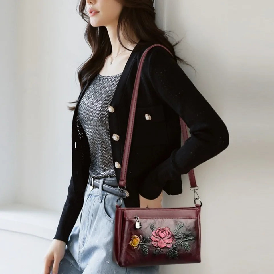 Genuine Brand Top Quality Pu Leather Vintage 3D Floral Embossed Elegant Handbag