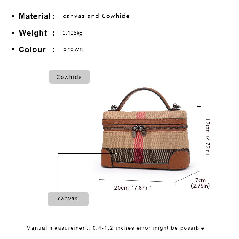 Women's shoulder crossbody mini bag plaid small square bag made of canvas and cowhide