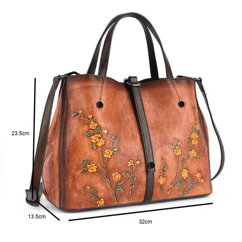 Genuine Leather Retro Embossed Women Crossbody Handbag