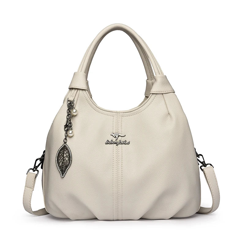 Soft Leather Hobo Handbag 3 Layer Shoulder Crossbody Bag with Pearl Leaf Pendant