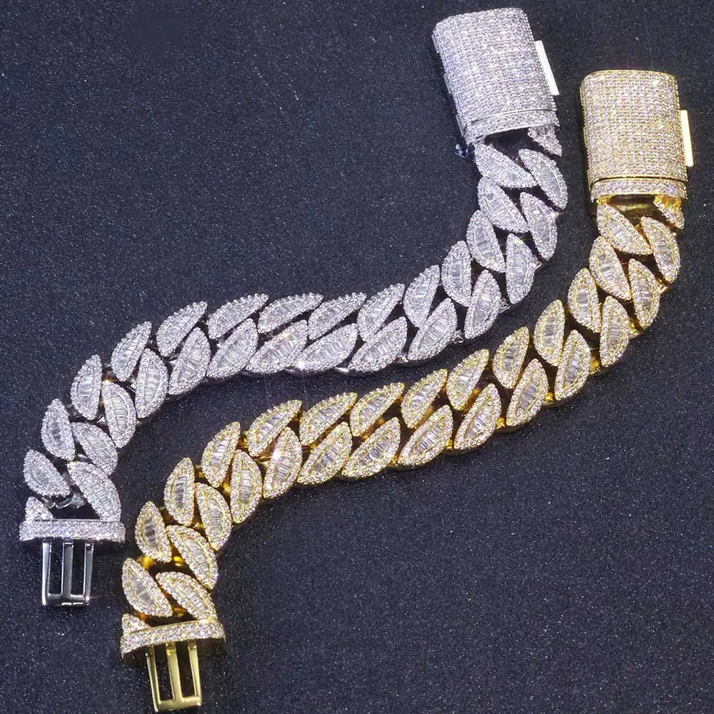 20MM 3 Rows Fashion Iced Cuban Bracelet Moon Shape Baguette Diamond Bracelets