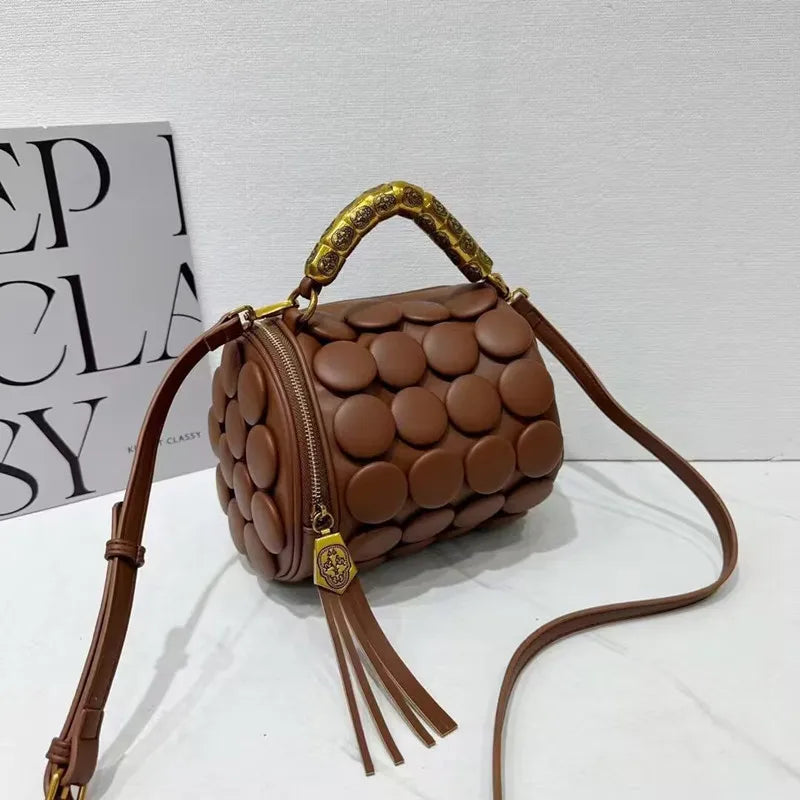 Retro Button Design Leather Handbag Luxury Round Tube Bucket Bag