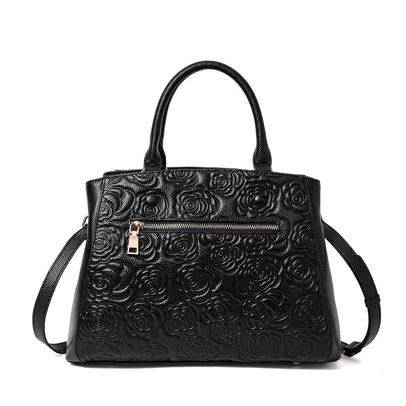 Leather high-sense handbag top layer leather rose pattern slung shoulder bag