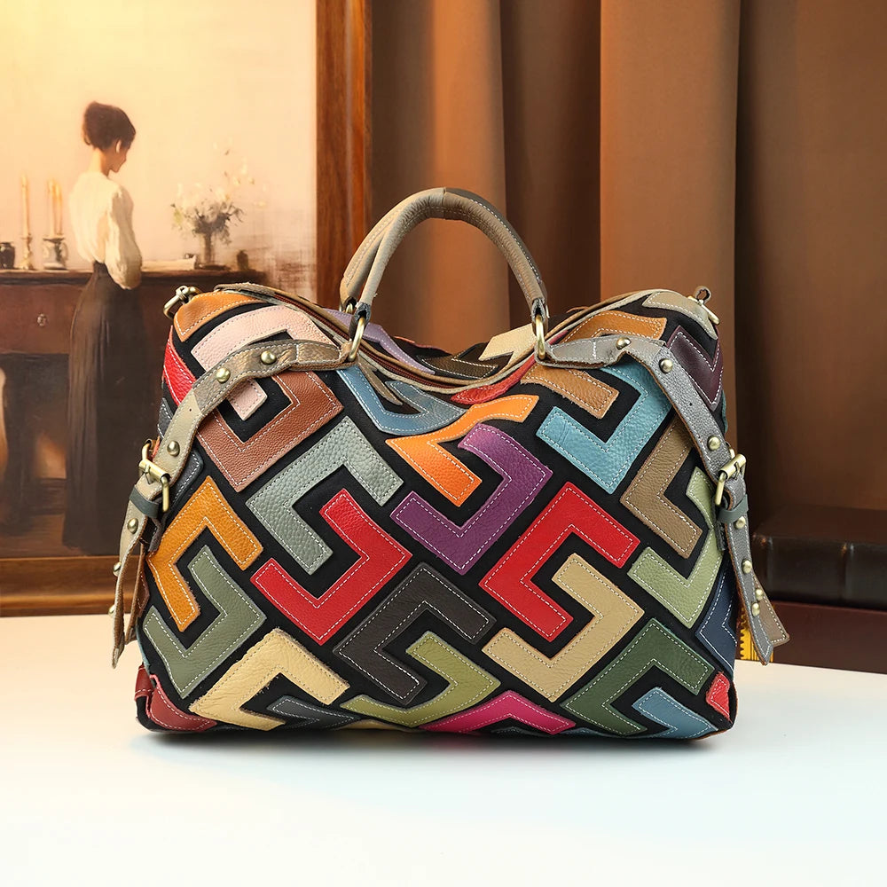 Crossbody retro geometric color blocked leather computer bag