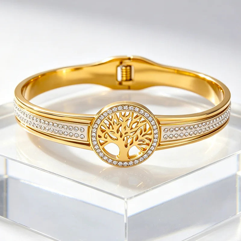 Tree Of Life Crystal Bangle Gold Stainless Steel Spring‑Open Bracelet