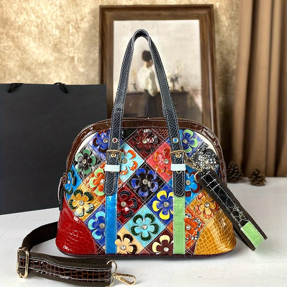 Handbag made of genuine leather handmade colorful flowers trendy crossbody bag