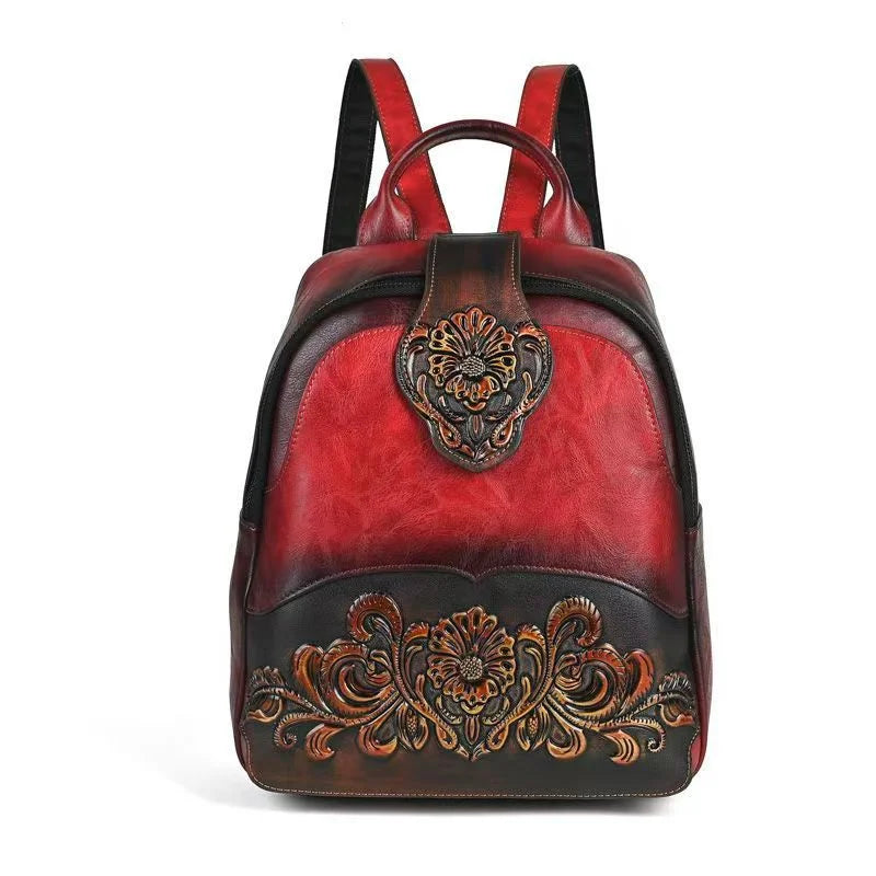 Vintage Ladies Leather Backpack Floral Double Shoulder Bag
