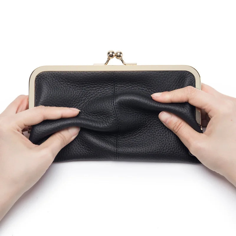 Genuine Cow Leather Long Clutch Wallet Clip Fashion Retro