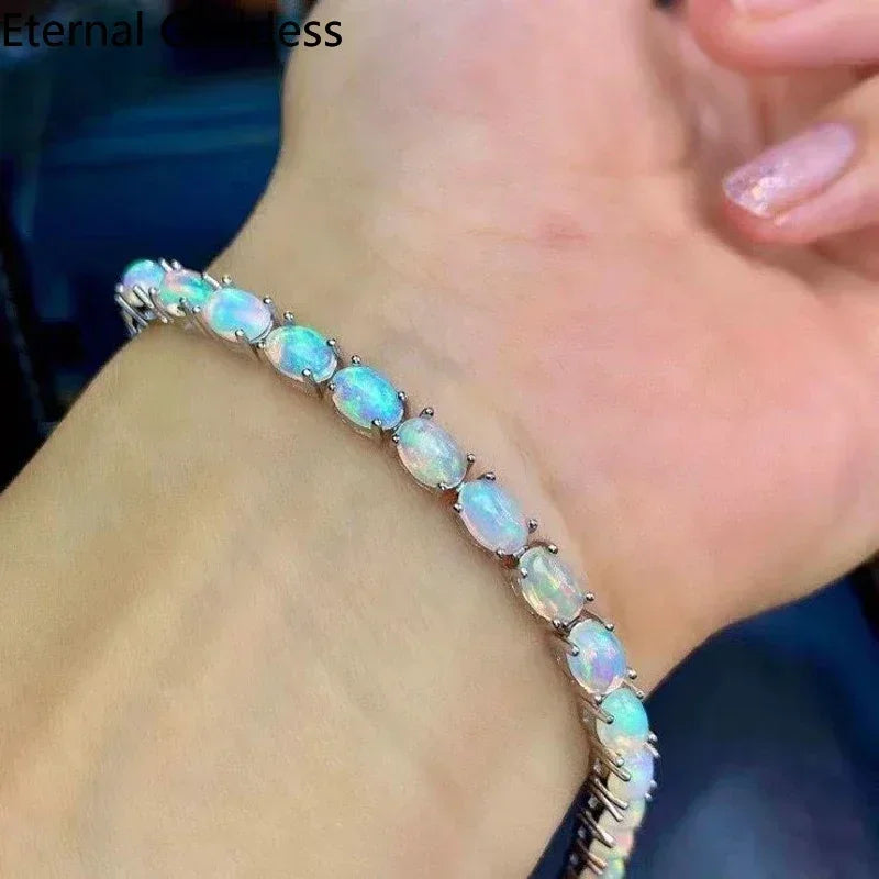 925 Sterling Silver Natural Opal Simple Bracelet Colorful Stone Bracelet Fine Jewelry