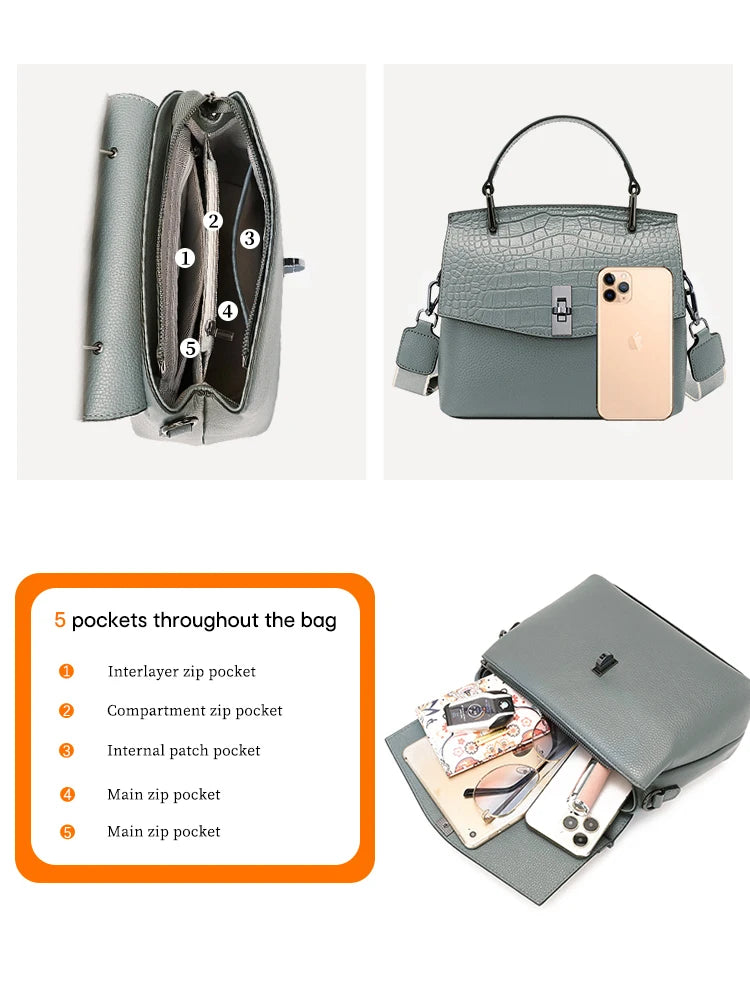 Zency Genuine Leather Women's Handbag Stone Vintage Tote Bag Luxury Brand Female Crossbody Spring Fashion Lady Shoulder Satchel