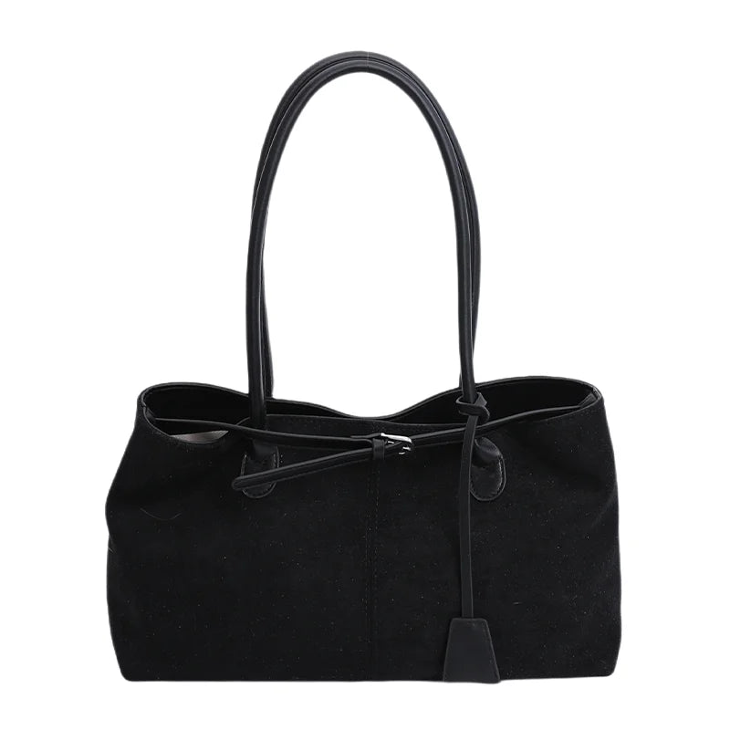 Vintage Faux Suede Leather Tote Bag Contrast Color Strap Casual Shoulder Handbag
