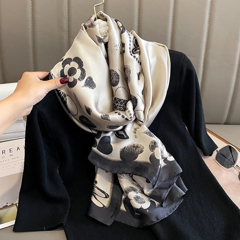 180*90cm Large Silk Satin Scarf Hijab Women Print Shawl