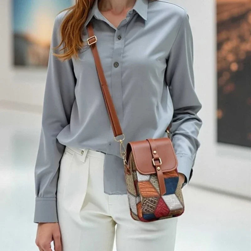 Retro Contrasting Color Multi-layer Small Crossbody Bag Diamond Splicing Phone Bag