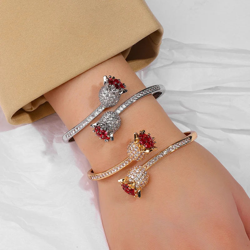 Luxury Zircon Open Rose Bracelets With Sparkling Crystals Chic Bangle Hand Jewelry