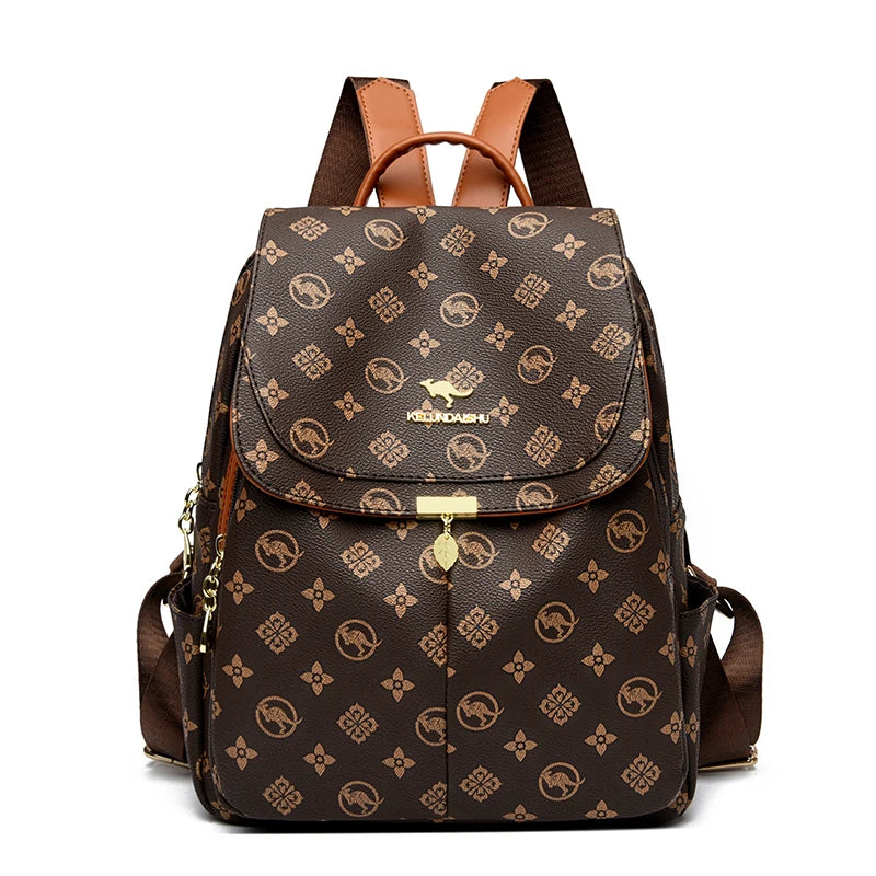 Classic Kangaroo Printed Backpacks Pu Leather Backpack