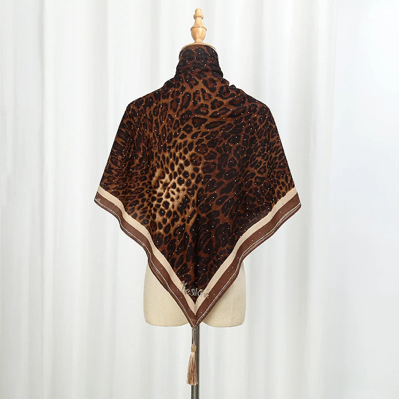 Rhinestone Leopard Print Square Scarf Tassels Satin Shawls